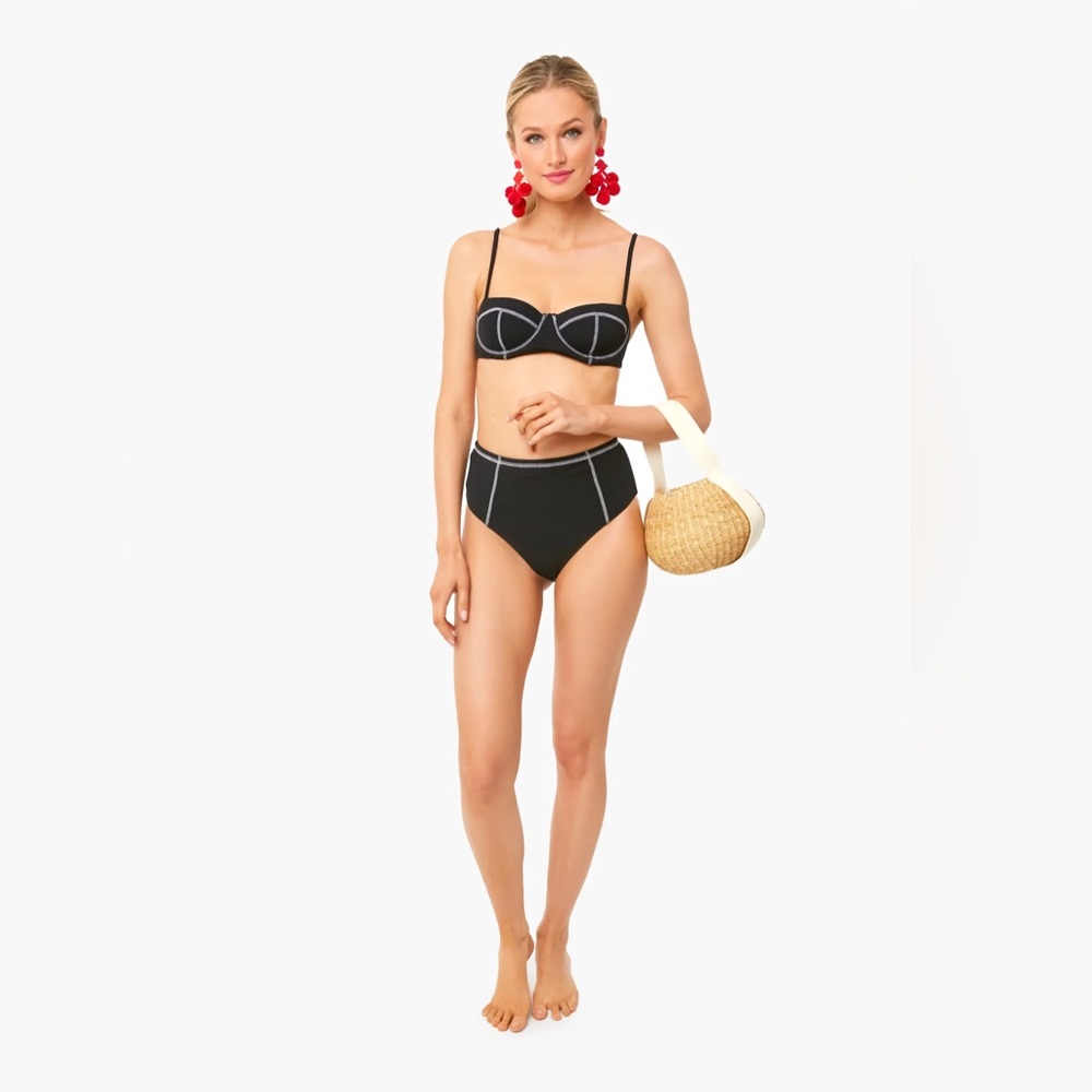 Onia Flora Textured ( crinkle /seersucker) High-Rise Bikini Set Black Medium NWT